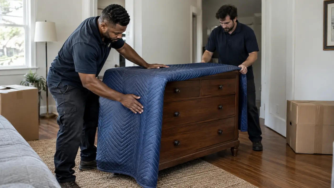 Illustration of movers protecting a dresser with a moving blanket