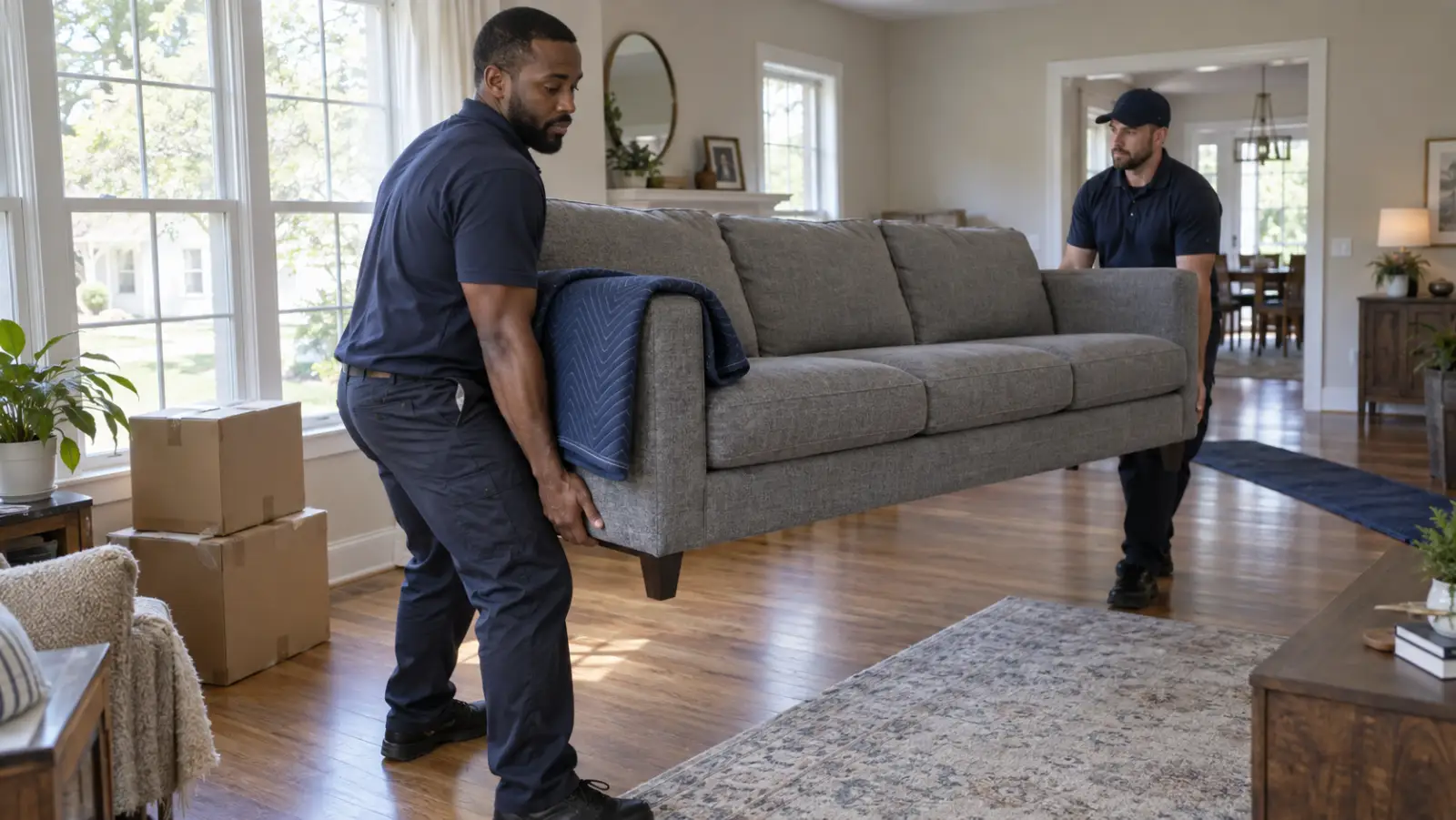 Illustration of two movers carrying a sofa through a living room