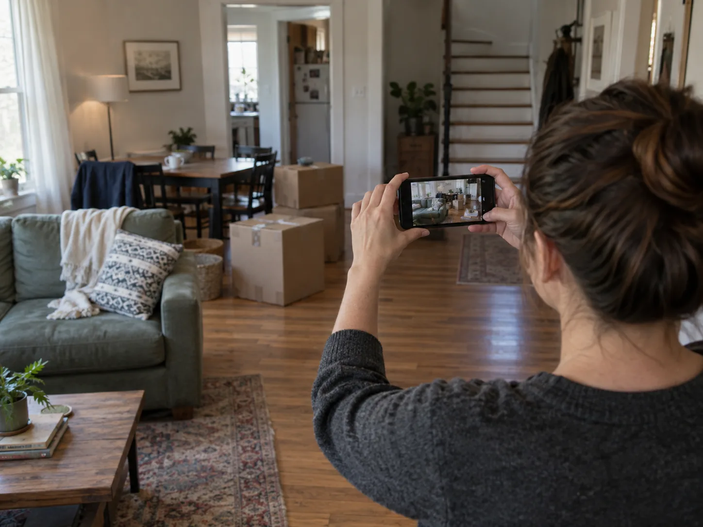 A homeowner recording a walkthrough video of furniture and stairs for a moving quote